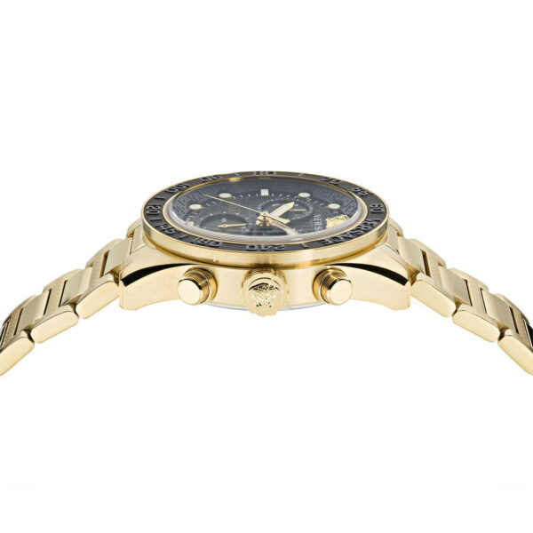 Versace Greca Dome watch side profile showing gold case thickness and bracelet links
