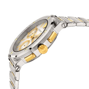 Side angle view of Versace chronograph with silver dial, gold chronograph pushers, and mixed metal bracelet