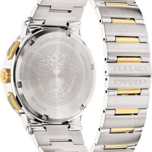 Versace Medusa caseback with Greca pattern and two-tone stainless steel bracelet detail