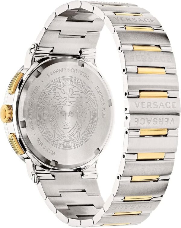 Versace Medusa caseback with Greca pattern and two-tone stainless steel bracelet detail
