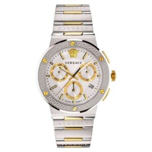 Versace Greca Logo chronograph watch with silver dial, gold subdials, two-tone stainless steel bracelet