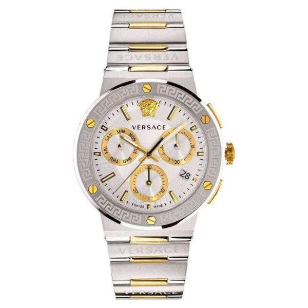 Versace Greca Logo chronograph watch with silver dial, gold subdials, two-tone stainless steel bracelet