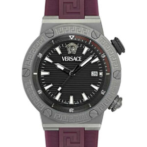 Versace Greca Logo Diver watch with black dial, stainless steel case, Medusa logo, and burgundy rubber strap
