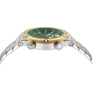 Angled view of Versace Greca Logo Diver showing case profile and two-tone bracelet