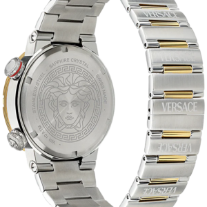 Versace Greca Logo Diver worn on wrist showing full case, two-tone bracelet, and caseback
