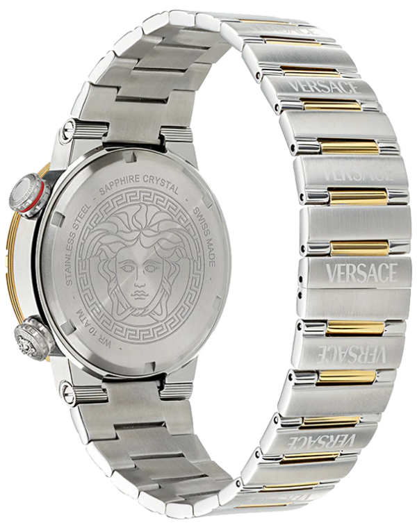 Versace Greca Logo Diver worn on wrist showing full case, two-tone bracelet, and caseback