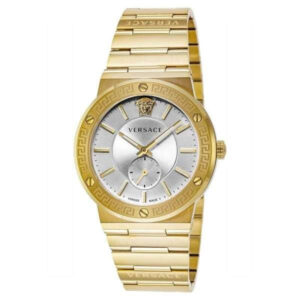 Versace Greca Logo watch three-quarter view showing gold bracelet and silver dial