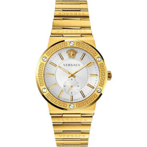 Versace Greca Logo gold-tone quartz watch with silver dial and Greca pattern bezel