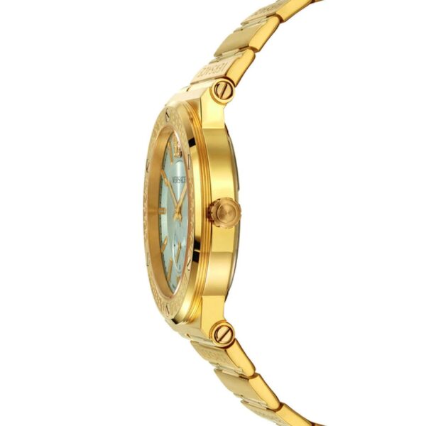 Versace Greca Logo watch side profile showing case depth and gold-tone design