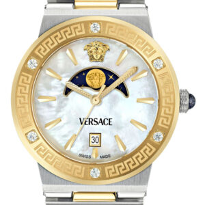 Mother of pearl dial detail with moonphase complication, gold Greca bezel and diamond indices