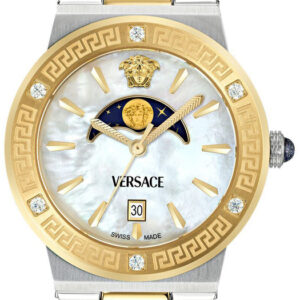 Versace Greca Logo moonphase watch two-tone steel and gold with mother of pearl dial