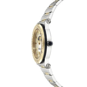 Side profile of two-tone Versace watch with polished stainless steel and gold bezel