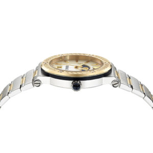 Top-down view of Versace Greca moonphase watch with two-tone bracelet