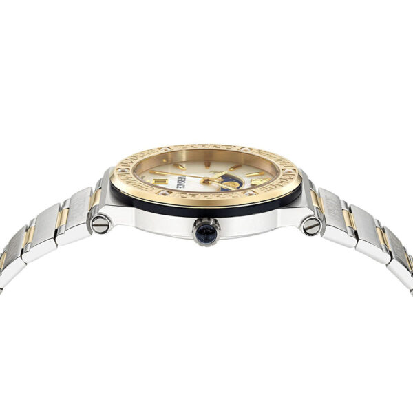 Top-down view of Versace Greca moonphase watch with two-tone bracelet