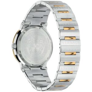 Side view of Versace Greca Logo watch with two-tone bracelet and caseback detail