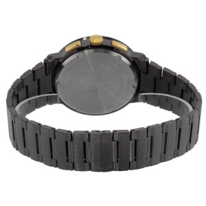 Caseback view of Versace Greca Logo chronograph showing solid grey case back and black bracelet