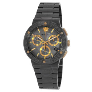 Versace Greca Logo chronograph quartz watch with grey dial, gold accents, and black stainless steel bracelet