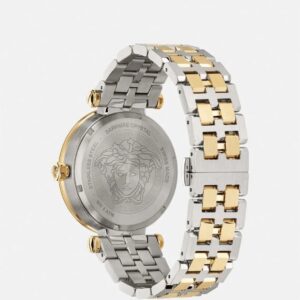 Versace Greca Sport caseback showing two-tone bracelet and medusa emblem