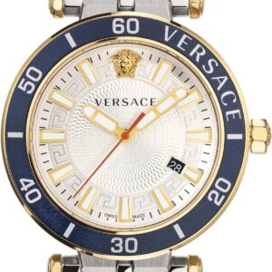 Versace Greca Sport two-tone watch with gold and silver bracelet, blue bezel, and white dial