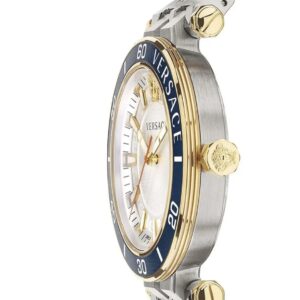 Side view of Versace Greca Sport two-tone watch showing blue bezel and integrated bracelet