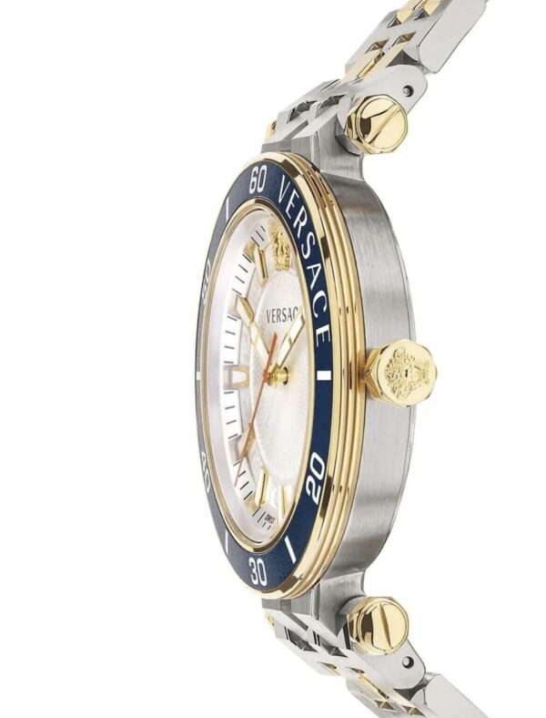 Side view of Versace Greca Sport two-tone watch showing blue bezel and integrated bracelet