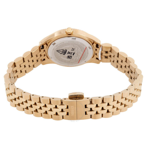 Caseback of Versace Greca Time Lady watch showing gold-tone case and bracelet