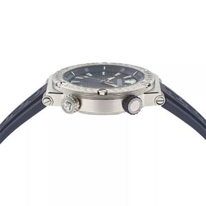 Side profile view of Versace Greca watch showing silver case and crown