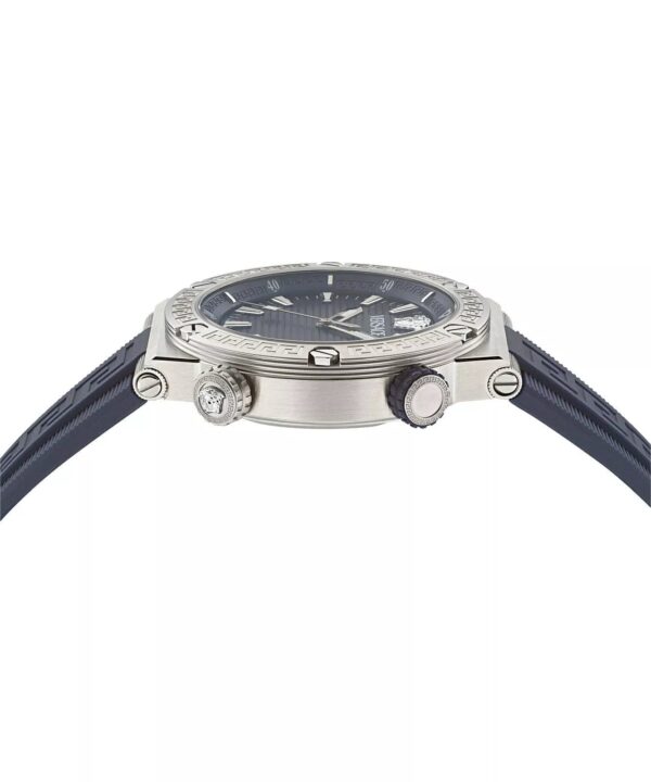 Side profile view of Versace Greca watch showing silver case and crown
