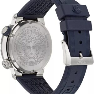 Caseback of Versace Greca watch showing engraved Medusa head and sapphire crystal text