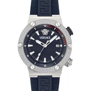 Versace Greca diver watch with blue dial, silver case, and navy Greca-patterned rubber strap