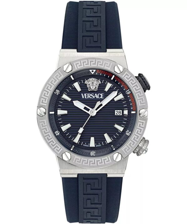 Versace Greca diver watch with blue dial, silver case, and navy Greca-patterned rubber strap