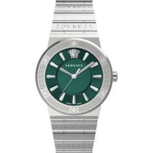 Versace Greca women's watch with silver case, green dial, and silver bracelet