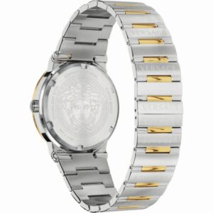 Versace Greca watch caseback showing stainless steel band and engraved Medusa motif