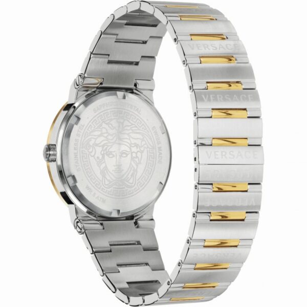Versace Greca watch caseback showing stainless steel band and engraved Medusa motif
