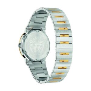 Caseback of Versace Greca watch with Medusa head logo, two-tone silver and gold bracelet