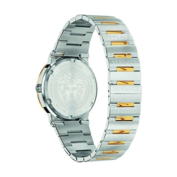 Caseback of Versace Greca watch with Medusa head logo, two-tone silver and gold bracelet