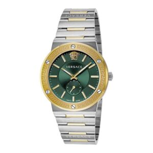 Versace Greca men's watch with green dial, gold Greca bezel, two-tone silver and gold case and bracelet