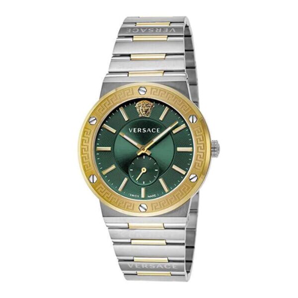 Versace Greca men's watch with green dial, gold Greca bezel, two-tone silver and gold case and bracelet