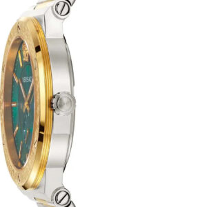 Side profile of Versace Greca watch showing gold bezel, silver and gold two-tone bracelet, and green dial