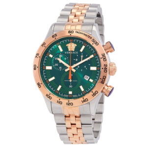 Versace Hellenyium chronograph watch with green dial and two-tone steel bracelet