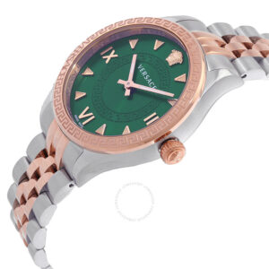Angled view of Versace Hellenyium ladies watch showing green dial and two-tone stainless steel and rose gold bracelet