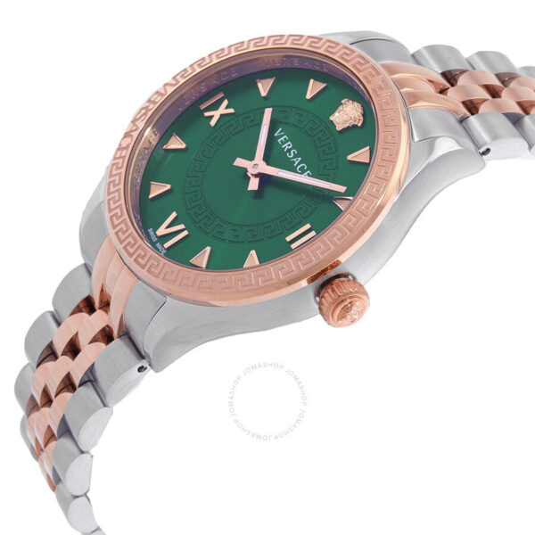 Angled view of Versace Hellenyium ladies watch showing green dial and two-tone stainless steel and rose gold bracelet
