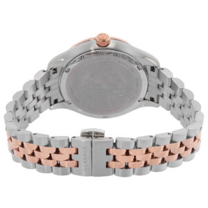 Caseback view of Versace Hellenyium ladies watch with stainless steel and rose gold two-tone bracelet