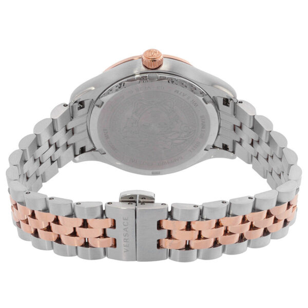 Caseback view of Versace Hellenyium ladies watch with stainless steel and rose gold two-tone bracelet