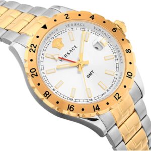 Angled view of Versace Hellenyium GMT watch showing gold rotatable bezel and two-tone bracelet