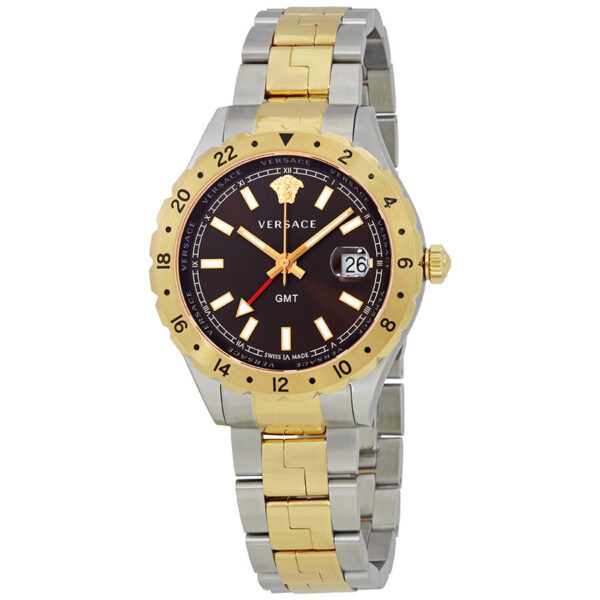 Versace Hellenyium brown dial two-tone watch with gold bezel and stainless steel band