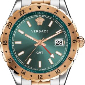 Versace Hellenyium two-tone watch with green dial, rose gold bezel, and date window