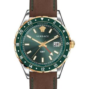 Versace Hellenyium men's watch with green dial, brown leather strap and rotating bezel