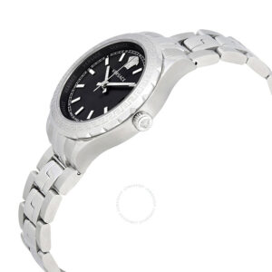 Versace Hellenyium watch angled view showing black dial and stainless steel bracelet