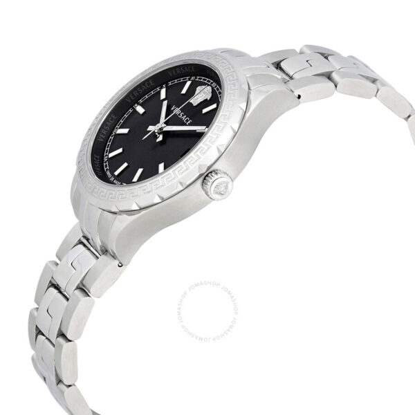 Versace Hellenyium watch angled view showing black dial and stainless steel bracelet